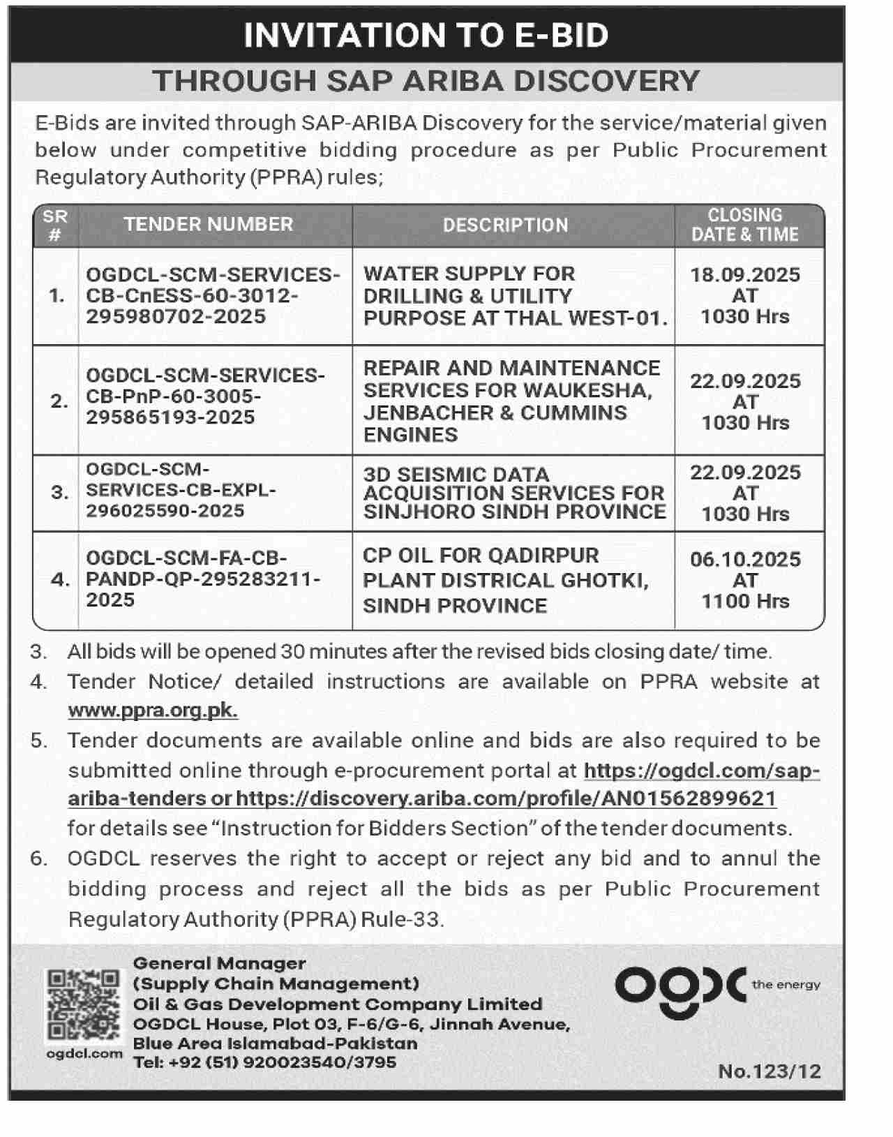 Oil & Gas Development Company Limited Islamabad Tender Notice